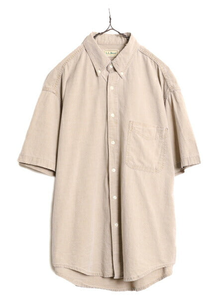 90s エルエルビーン 半袖 ボタンダウン シャツ メンズ L / 古着 90年代 オールド LLBean コットン 無地 半袖シャツ アウトドア ベージュ