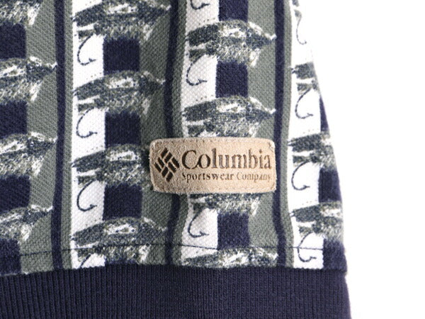90s コロンビア 総柄 鹿の子 半袖 ポロシャツ メンズ L / 古着 90年代 オールド Columbia 半袖シャツ マルチカラー フィッシング プリント