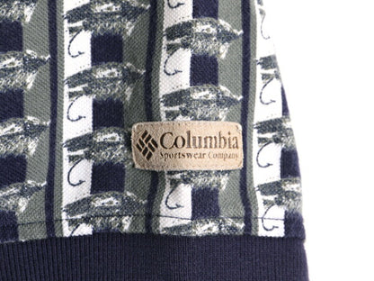 90s コロンビア 総柄 鹿の子 半袖 ポロシャツ メンズ L / 古着 90年代 オールド Columbia 半袖シャツ マルチカラー フィッシング プリント