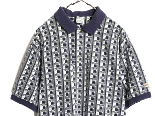 90s コロンビア 総柄 鹿の子 半袖 ポロシャツ メンズ L / 古着 90年代 オールド Columbia 半袖シャツ マルチカラー フィッシング プリント