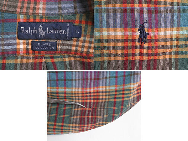 90s ラルフローレン チェック 長袖 ボタンダウン シャツ メンズ L / 90年代 オールド ポロ 長袖シャツ ワンポイント コットン マルチカラー