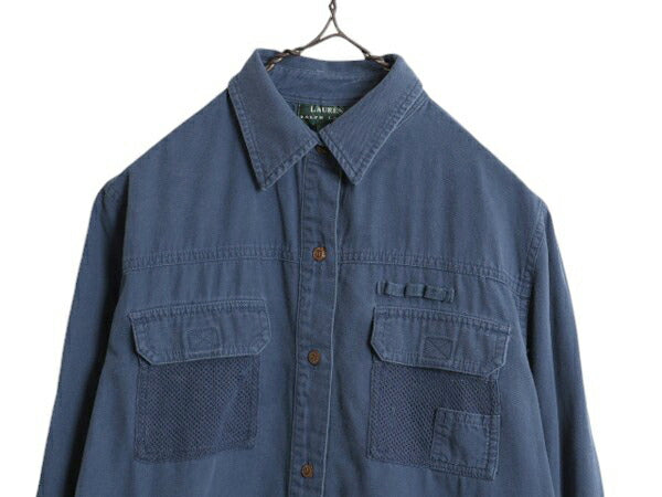 90s LAUREN ラルフローレン コットン フィッシング シャツ レディース M 古着 90年代 オールド ポロ アウトドア サファリ 長袖シャツ 無地