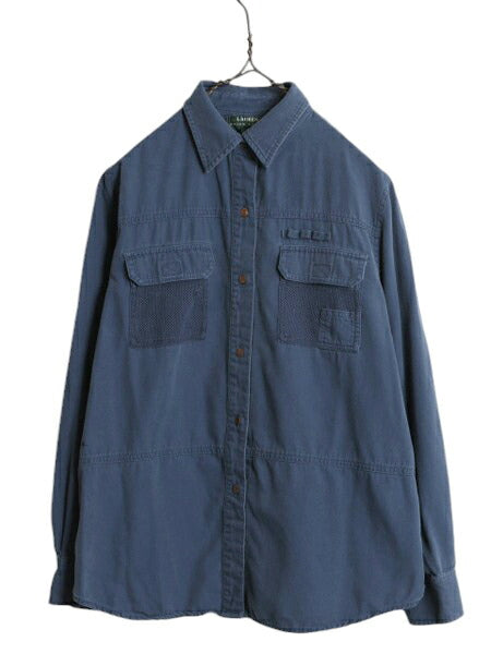 90s LAUREN ラルフローレン コットン フィッシング シャツ レディース M 古着 90年代 オールド ポロ アウトドア サファリ 長袖シャツ 無地