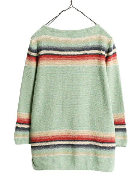 00s ラルフローレン ネイティブ ボーダー ニット セーター レディース M / LAUREN JEANS Co コットン リネン 混紡 ボートネック 7分袖 薄手