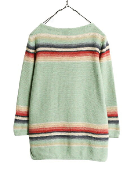 00s ラルフローレン ネイティブ ボーダー ニット セーター レディース M / LAUREN JEANS Co コットン リネン 混紡 ボートネック 7分袖 薄手
