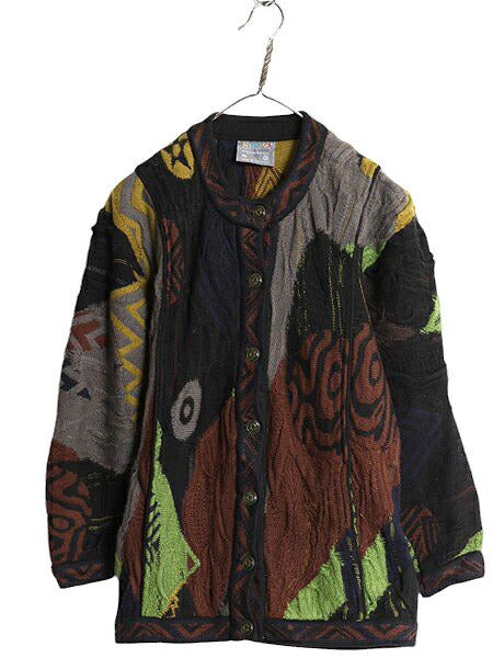 90s オーストラリア製 COOGI 3D 立体編み 100％ ウール ニット カーディガン レディース XS 古着 オールド クージー 総柄 セーター 前開き
