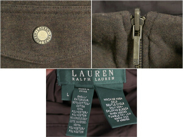 00s LAUREN ラルフローレン フルジップ リバーシブル ベスト レディース L 古着 00年代 オールド ポロ 重ね着 前開き ハイネック カーキ 茶