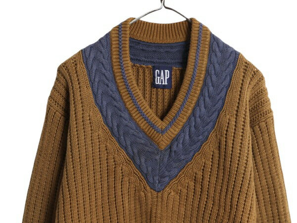 90s OLD GAP チルデン チャンキー ニット セーター メンズ S / 古着 オールド ギャップ 紺タグ Vネック ヘビーウェイト コットン リブ編み