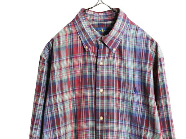 ラルフローレン チェック 長袖 ボタンダウン シャツ メンズ L / 古着 ポロ 長袖シャツ ワンポイント マルチカラー コットン スリムフィット