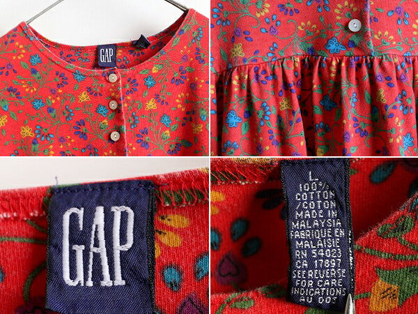キッズ ☆ 90s GAP オールド ギャップ 花柄 コットン 長袖 チュニック ワンピース ( 子供 L ) 古着 90年代 トップス ワンピ シャツ 赤