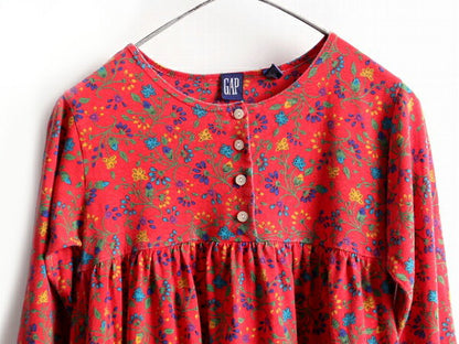 キッズ ☆ 90s GAP オールド ギャップ 花柄 コットン 長袖 チュニック ワンピース ( 子供 L ) 古着 90年代 トップス ワンピ シャツ 赤