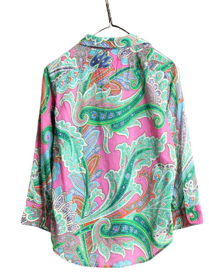 90s LAUREN ラルフローレン 総柄 7分袖 シャツ レディース M 古着 90年代 オールド ポロ コットン 長袖シャツ ブラウス マルチカラー 薄手
