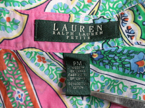 90s LAUREN ラルフローレン 総柄 7分袖 シャツ レディース M 古着 90年代 オールド ポロ コットン 長袖シャツ ブラウス マルチカラー 薄手