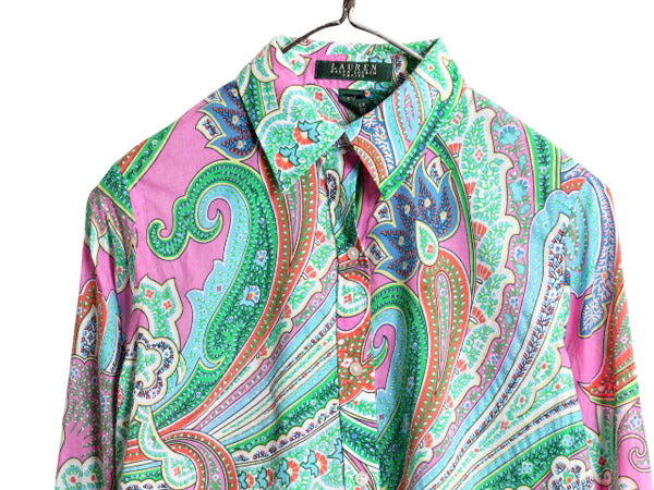 90s LAUREN ラルフローレン 総柄 7分袖 シャツ レディース M 古着 90年代 オールド ポロ コットン 長袖シャツ ブラウス マルチカラー 薄手