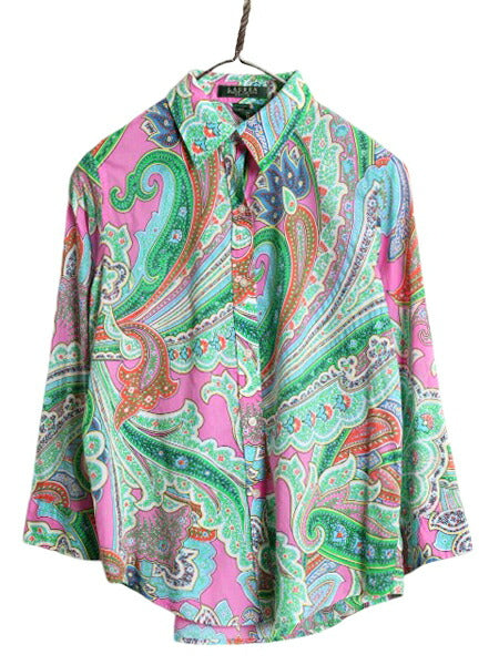 90s LAUREN ラルフローレン 総柄 7分袖 シャツ レディース M 古着 90年代 オールド ポロ コットン 長袖シャツ ブラウス マルチカラー 薄手
