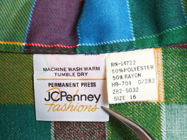 デッドストック 70s JC Penney チェック 長袖 シャツ レディース L 程 新品 70年代 ヴィンテージ JCペニー レーヨン ブラウス マルチカラー