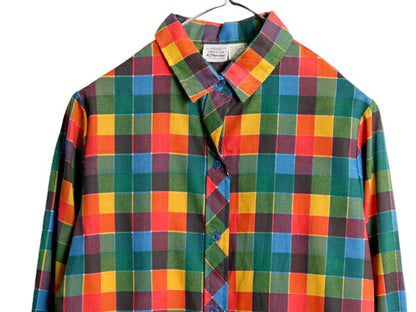 デッドストック 70s JC Penney チェック 長袖 シャツ レディース L 程 新品 70年代 ヴィンテージ JCペニー レーヨン ブラウス マルチカラー