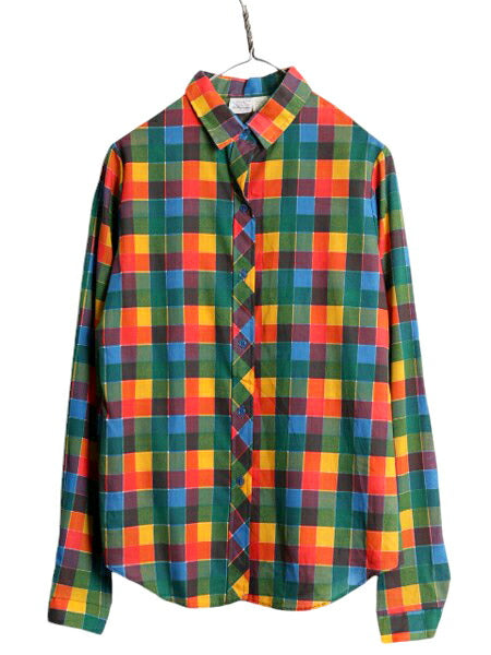 デッドストック 70s JC Penney チェック 長袖 シャツ レディース L 程 新品 70年代 ヴィンテージ JCペニー レーヨン ブラウス マルチカラー