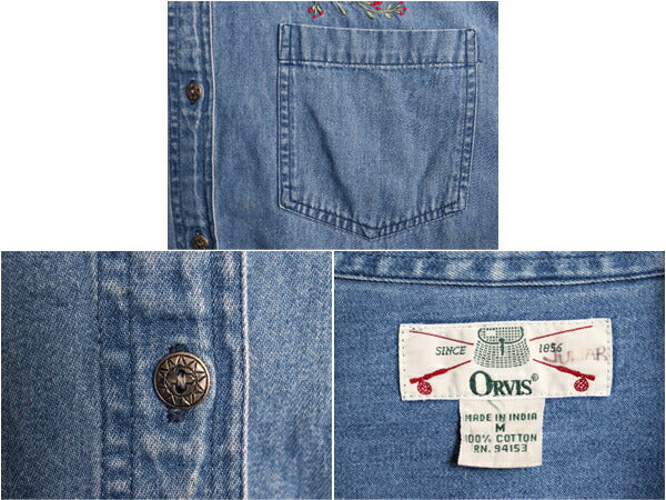 90s オービス バラ 刺繍 長袖 デニム シャツ レディース M / 90年代 オールド ORVIS 薔薇 長袖シャツ ヘビーウェイト コットン アウトドア