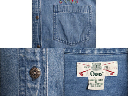 90s オービス バラ 刺繍 長袖 デニム シャツ レディース M / 90年代 オールド ORVIS 薔薇 長袖シャツ ヘビーウェイト コットン アウトドア