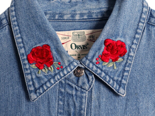90s オービス バラ 刺繍 長袖 デニム シャツ レディース M / 90年代 オールド ORVIS 薔薇 長袖シャツ ヘビーウェイト コットン アウトドア
