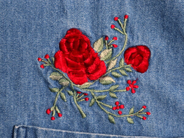 90s オービス バラ 刺繍 長袖 デニム シャツ レディース M / 90年代 オールド ORVIS 薔薇 長袖シャツ ヘビーウェイト コットン アウトドア
