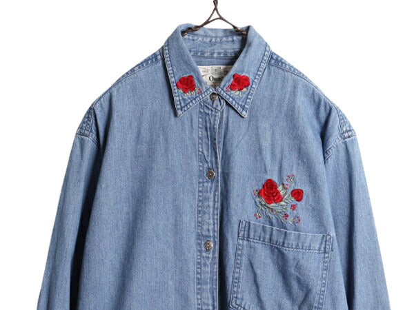 90s オービス バラ 刺繍 長袖 デニム シャツ レディース M / 90年代 オールド ORVIS 薔薇 長袖シャツ ヘビーウェイト コットン アウトドア