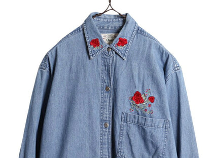 90s オービス バラ 刺繍 長袖 デニム シャツ レディース M / 90年代 オールド ORVIS 薔薇 長袖シャツ ヘビーウェイト コットン アウトドア
