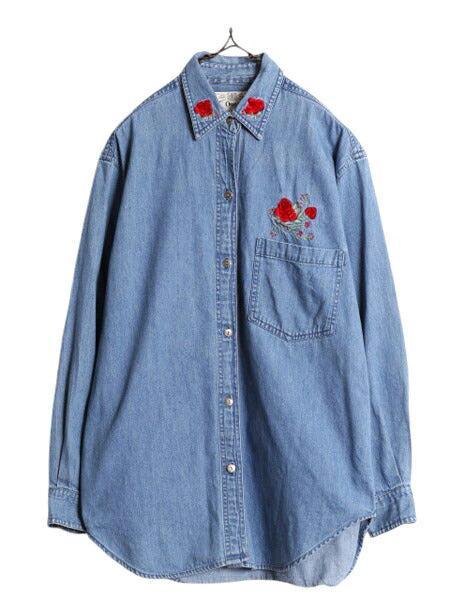 90s オービス バラ 刺繍 長袖 デニム シャツ レディース M / 90年代 オールド ORVIS 薔薇 長袖シャツ ヘビーウェイト コットン アウトドア