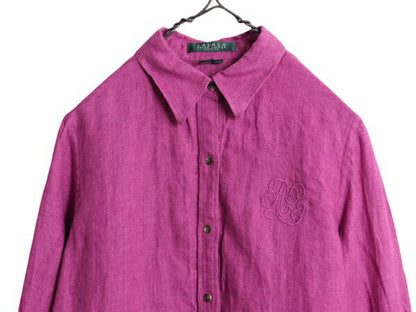 00s LAUREN ラルフローレン 100% リネン 7分袖 シャツ レディース M / 古着 オールド ポロ 高級 長袖シャツ ブラウス ワンポイント 麻 薄手