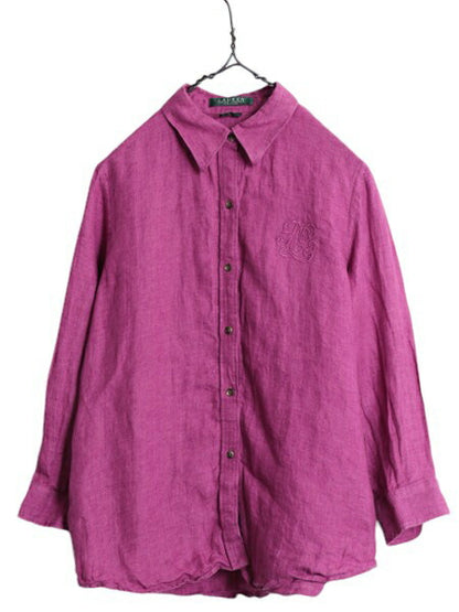 00s LAUREN ラルフローレン 100% リネン 7分袖 シャツ レディース M / 古着 オールド ポロ 高級 長袖シャツ ブラウス ワンポイント 麻 薄手