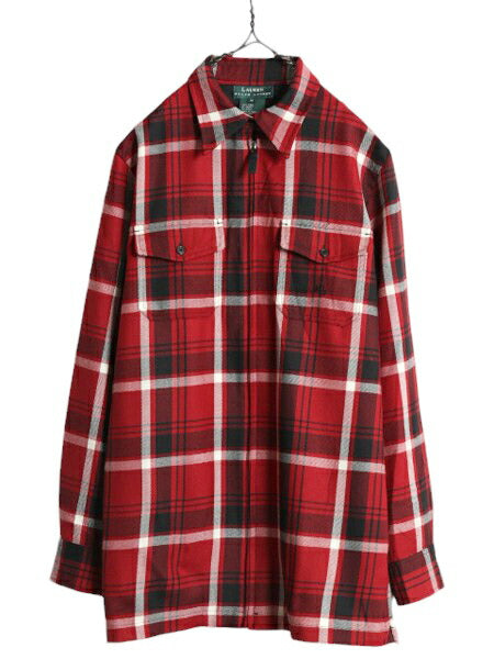 90s LAUREN ラルフローレン ウール シャツ ジャケット レディース S オールド チェック フルジップ ポケット付き 薄手 ボックス ブルゾン
