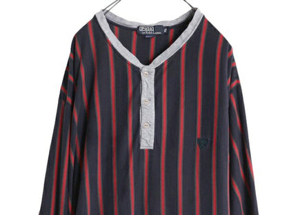 90s ポロ ラルフローレン ヘンリーネック ロング丈 長袖 Tシャツ メンズ XL / オールド グランパ ロンT コットン ストライプ 大きいサイズ