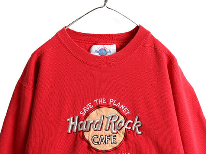 90s USA製 ハードロックカフェ スウェット メンズ レディース M 古着 90年代 Hard Rock CAFE ロゴ刺繍 企業 赤 ヘビーウェイト トレーナー
