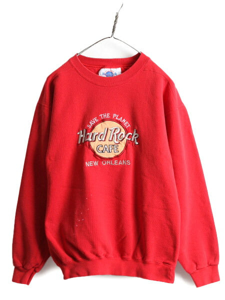 90s USA製 ハードロックカフェ スウェット メンズ レディース M 古着 90年代 Hard Rock CAFE ロゴ刺繍 企業 赤 ヘビーウェイト トレーナー