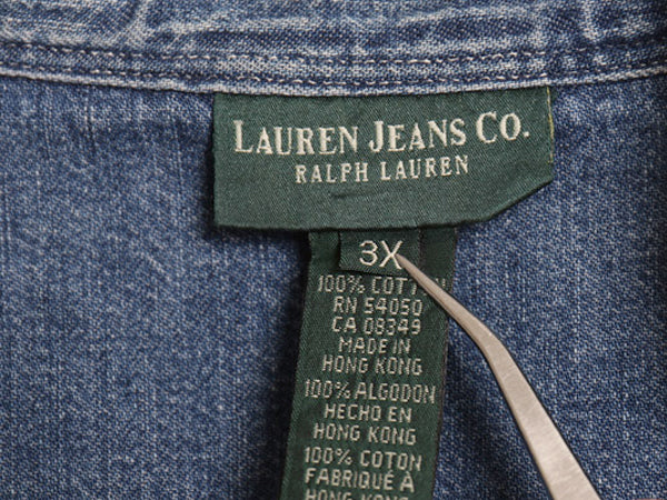90s ラルフローレン ジーンズ ボタンダウン 長袖 デニム シャツ レディース XXXL オールド ポロ ワーク 長袖シャツ コットン 大きいサイズ