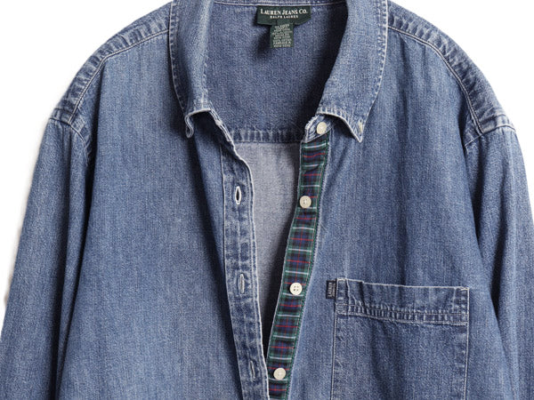90s ラルフローレン ジーンズ ボタンダウン 長袖 デニム シャツ レディース XXXL オールド ポロ ワーク 長袖シャツ コットン 大きいサイズ