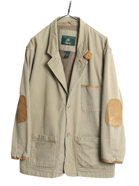 90s オービス コットン ハンティング ジャケット メンズ L オールド アウトドア テーラード ブレザー 本革 レザー エルボーパッチ ベージュ