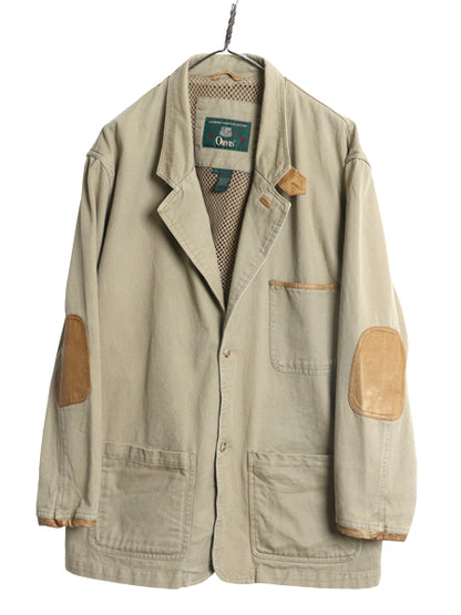 90s オービス コットン ハンティング ジャケット メンズ L オールド アウトドア テーラード ブレザー 本革 レザー エルボーパッチ ベージュ