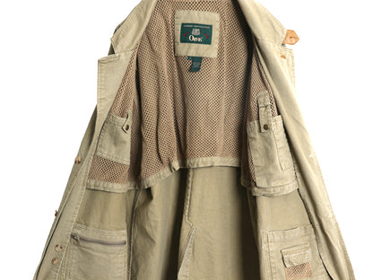 90s オービス コットン ハンティング ジャケット メンズ L オールド アウトドア テーラード ブレザー 本革 レザー エルボーパッチ ベージュ