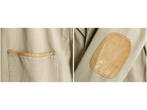 90s オービス コットン ハンティング ジャケット メンズ L オールド アウトドア テーラード ブレザー 本革 レザー エルボーパッチ ベージュ