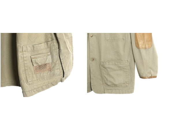 90s オービス コットン ハンティング ジャケット メンズ L オールド アウトドア テーラード ブレザー 本革 レザー エルボーパッチ ベージュ