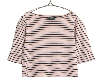 ローレン ラルフローレン ボートネック ボーダー 5分袖 Tシャツ レディース L ポロ ストレッチ コットン カットソー ワンポイント ボックス
