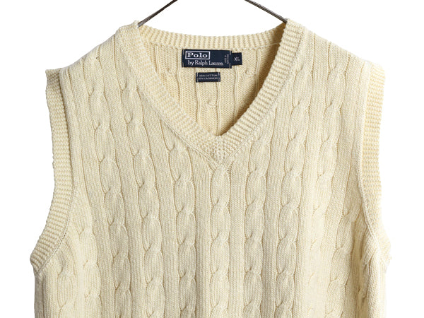 90s ポロ ラルフローレン Vネック ケーブル ニット ベスト メンズ XL オールド コットン カシミヤ セーター プルオーバー 大きいサイズ 白