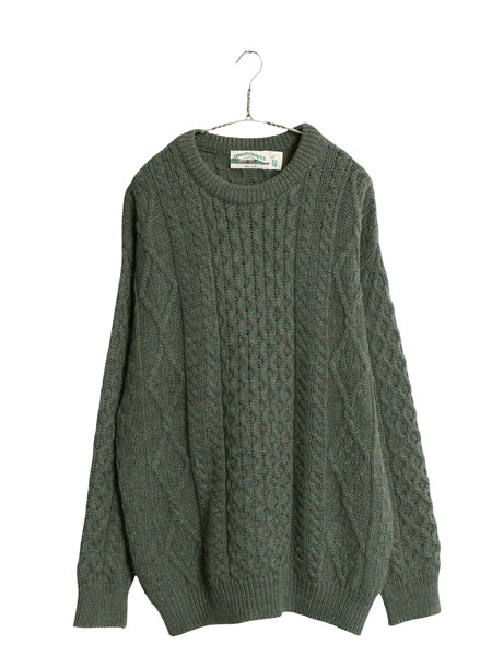 90s アイルランド製 aran crafts フィッシャーマン ウール ニット セーター メンズ レディース L オールド アラン ケーブル ローゲージ 緑