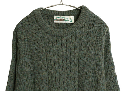 90s アイルランド製 aran crafts フィッシャーマン ウール ニット セーター メンズ レディース L オールド アラン ケーブル ローゲージ 緑
