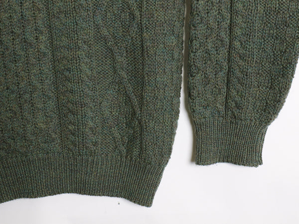 90s アイルランド製 aran crafts フィッシャーマン ウール ニット セーター メンズ レディース L オールド アラン ケーブル ローゲージ 緑