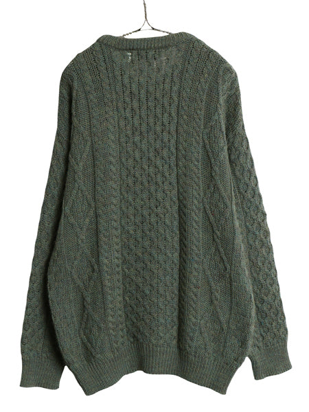 90s アイルランド製 aran crafts フィッシャーマン ウール ニット セーター メンズ レディース L オールド アラン ケーブル ローゲージ 緑