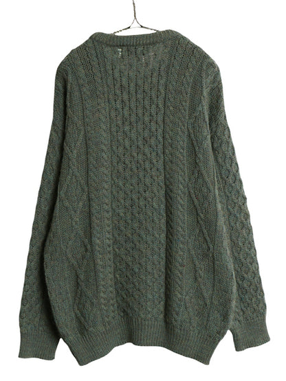 90s アイルランド製 aran crafts フィッシャーマン ウール ニット セーター メンズ レディース L オールド アラン ケーブル ローゲージ 緑
