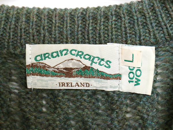 90s アイルランド製 aran crafts フィッシャーマン ウール ニット セーター メンズ レディース L オールド アラン ケーブル ローゲージ 緑